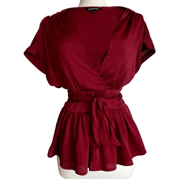 Express Red/Wine Wrap Peplum Top with Waist Tie Size S - Picture 1 of 10